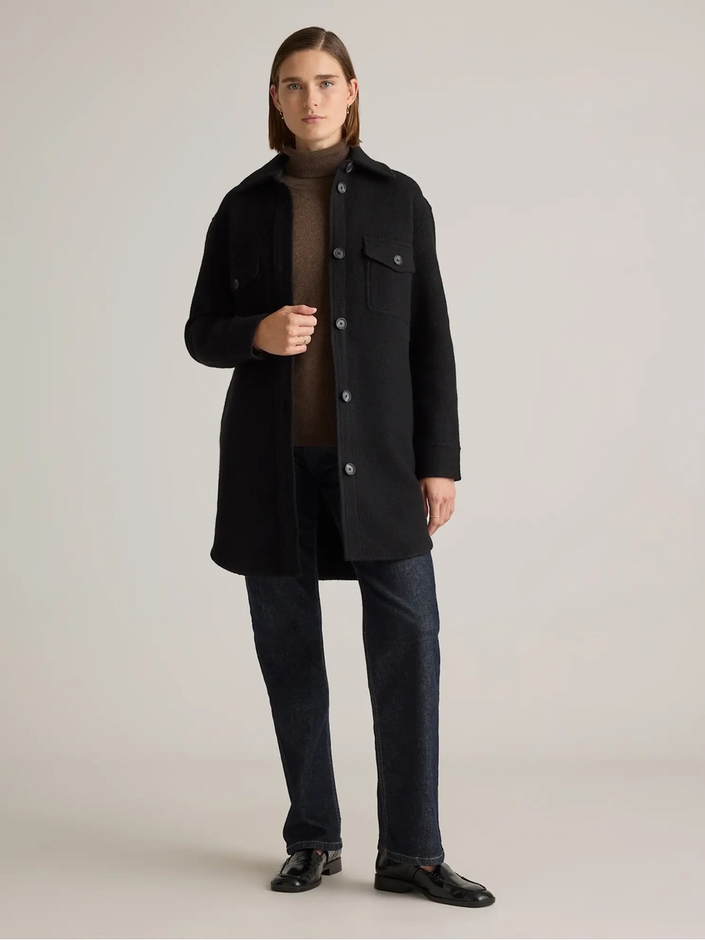 Quince Black Button-Front Trench Coat